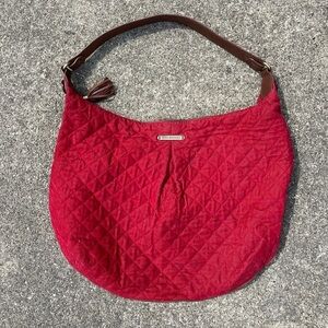 Retired Vera Bradley Red Corduroy Brown Leather Hobo Handbag Purse